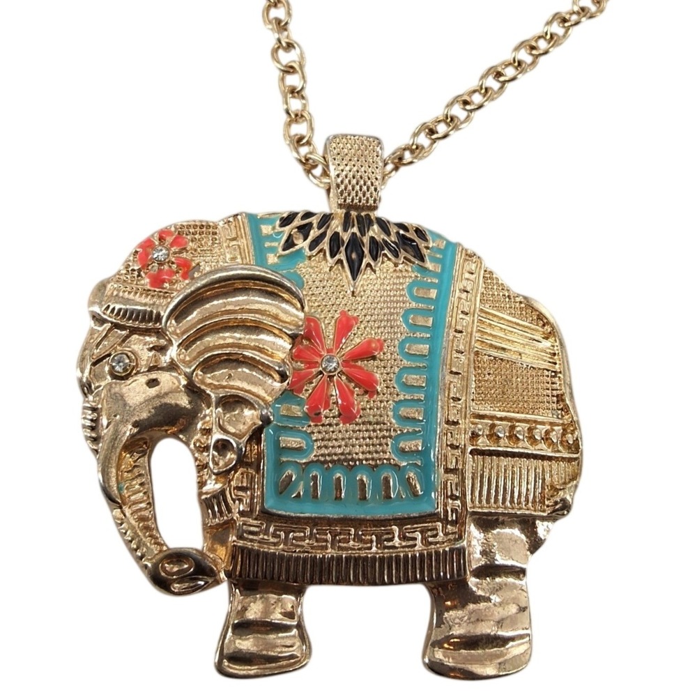 Etc! Gold Tone Enamel Elephant Statement Necklace Turquoise Orange Crystals